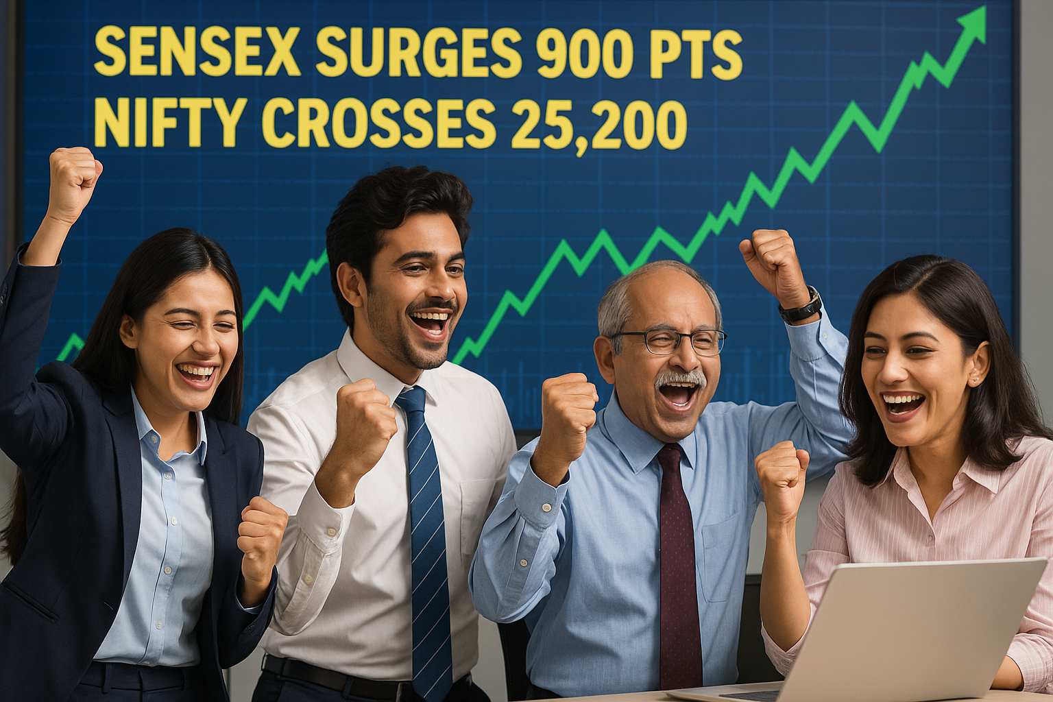 Market on Fire: Sensex Surges 900 pts, Nifty Crosses 25,200 as Dollar Weakens image